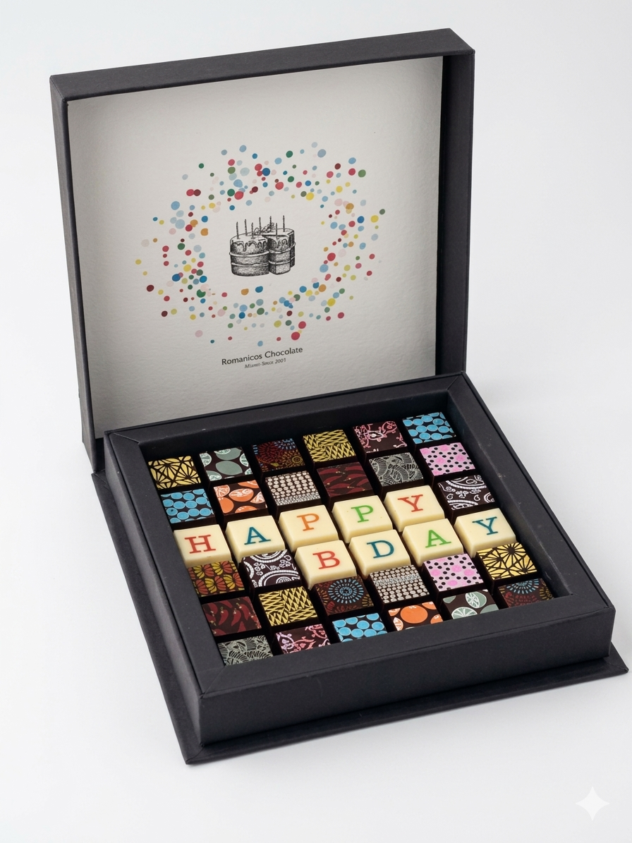 Happy Birthday 36pc Scrabble Chocolate Art - Venezuelan Dark Chocolate Gift