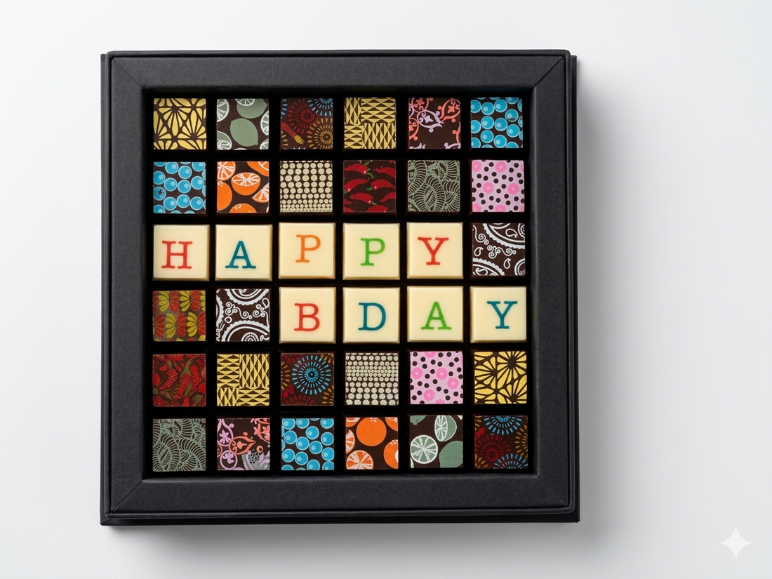 Happy Birthday 36pc Scrabble Chocolate Art - Venezuelan Dark Chocolate Gift