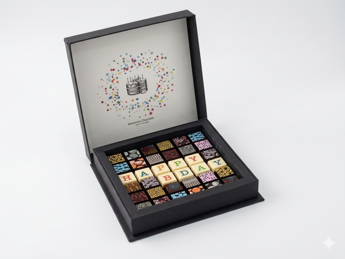 Happy Birthday 36pc Scrabble Chocolate Art - Venezuelan Dark Chocolate Gift