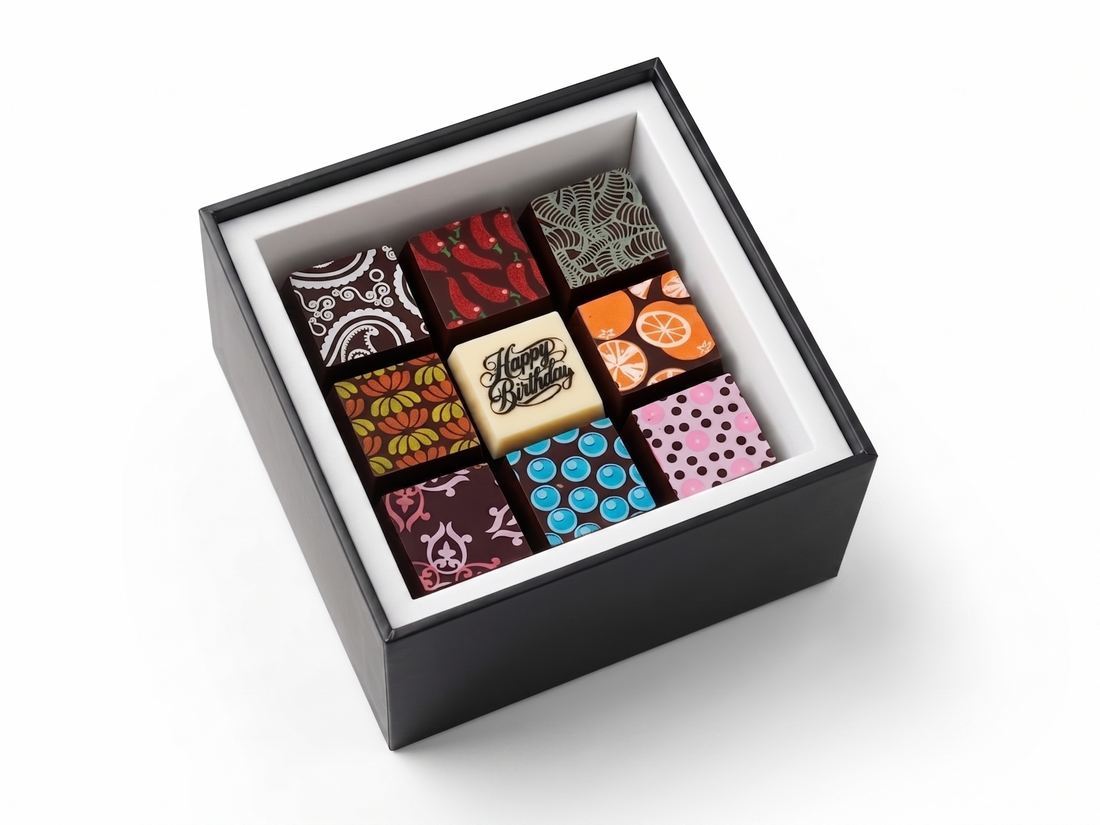 Happy Birthday Chocolate Gift Box – 9pc Handcrafted Bonbons | 70% Venezuelan Cocoa