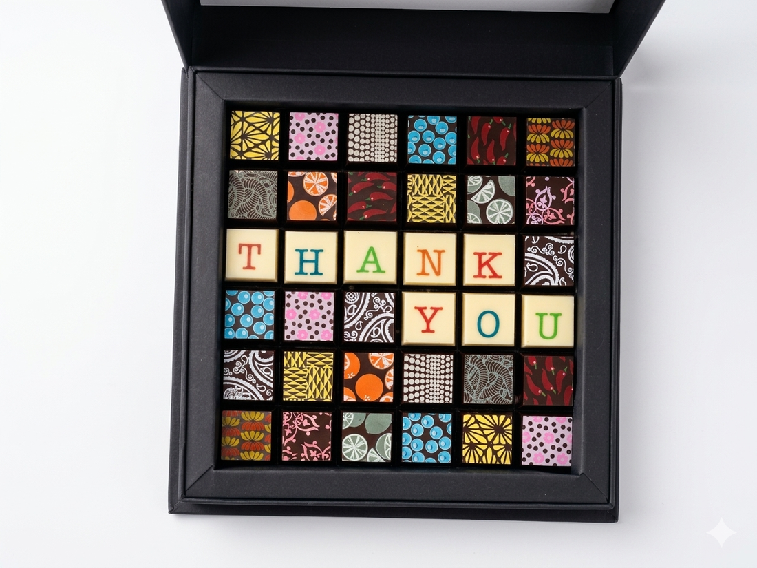 Thank You 36pc Scrabble Chocolate Art - Venezuelan Dark Chocolate Gift