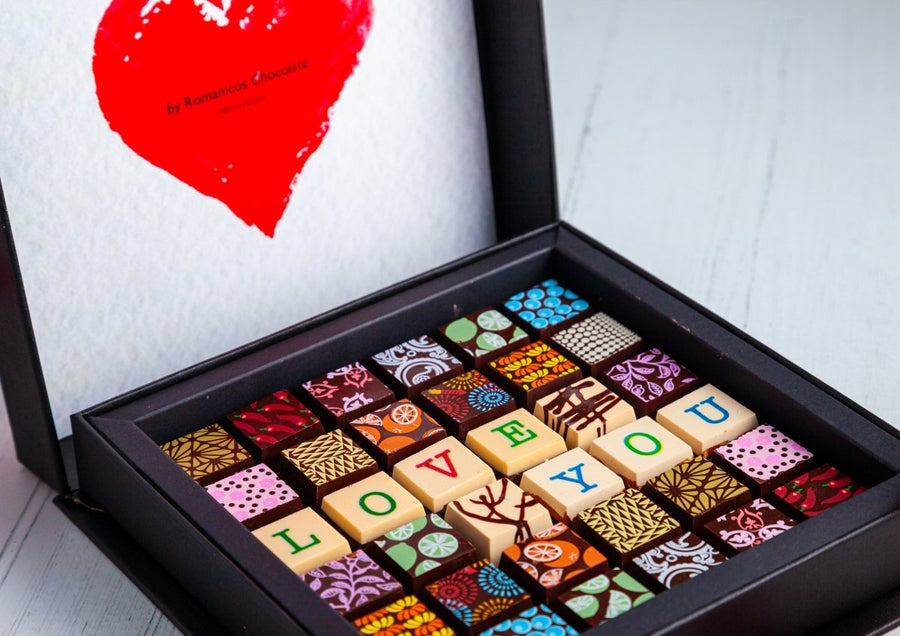 I Love You Chocolate Art Scrabble Box - Romanicos Chocolate