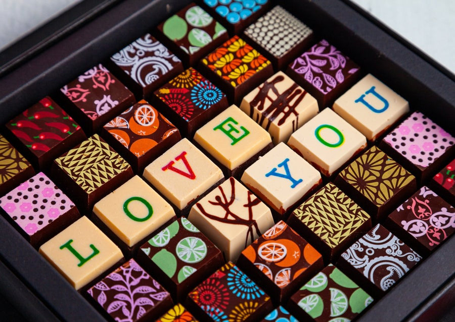 I Love You Chocolate Art Scrabble Box - Romanicos Chocolate
