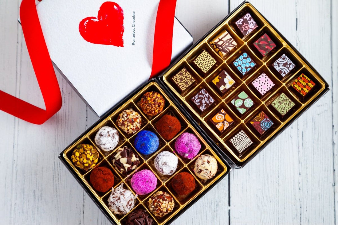I Love You Queen Size Mixed Box (32 Pcs: 16 Bonbons, 16 truffles) - Romanicos Chocolate