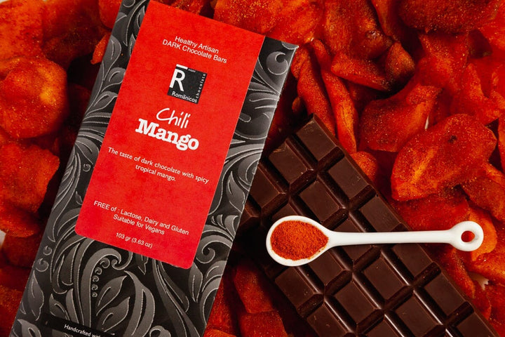 Chili Mango Dark Chocolate Bar - Romanicos Chocolate