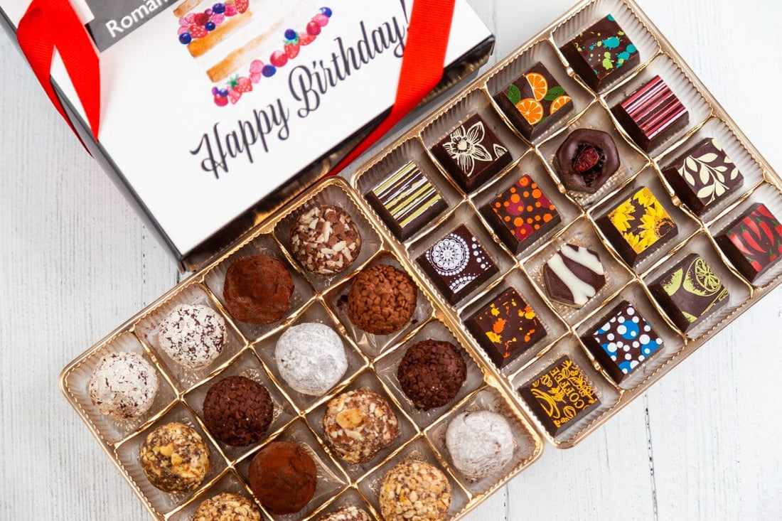 Queen Size Happy Birthday Signature Truffles Box Romanicos Chocolate Yes! Chocolate Art 