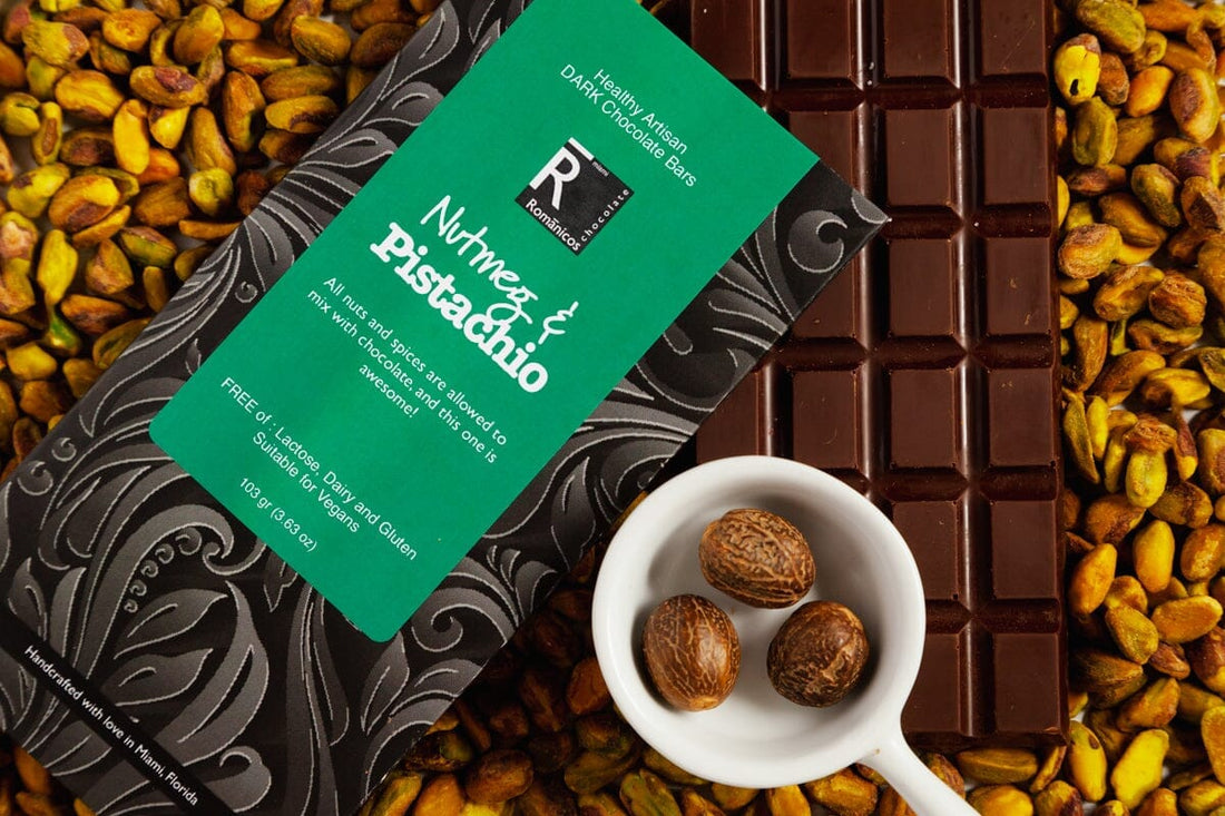 Salted Pistachio and Nutmeg Dark Chocolate Bar - Romanicos Chocolate